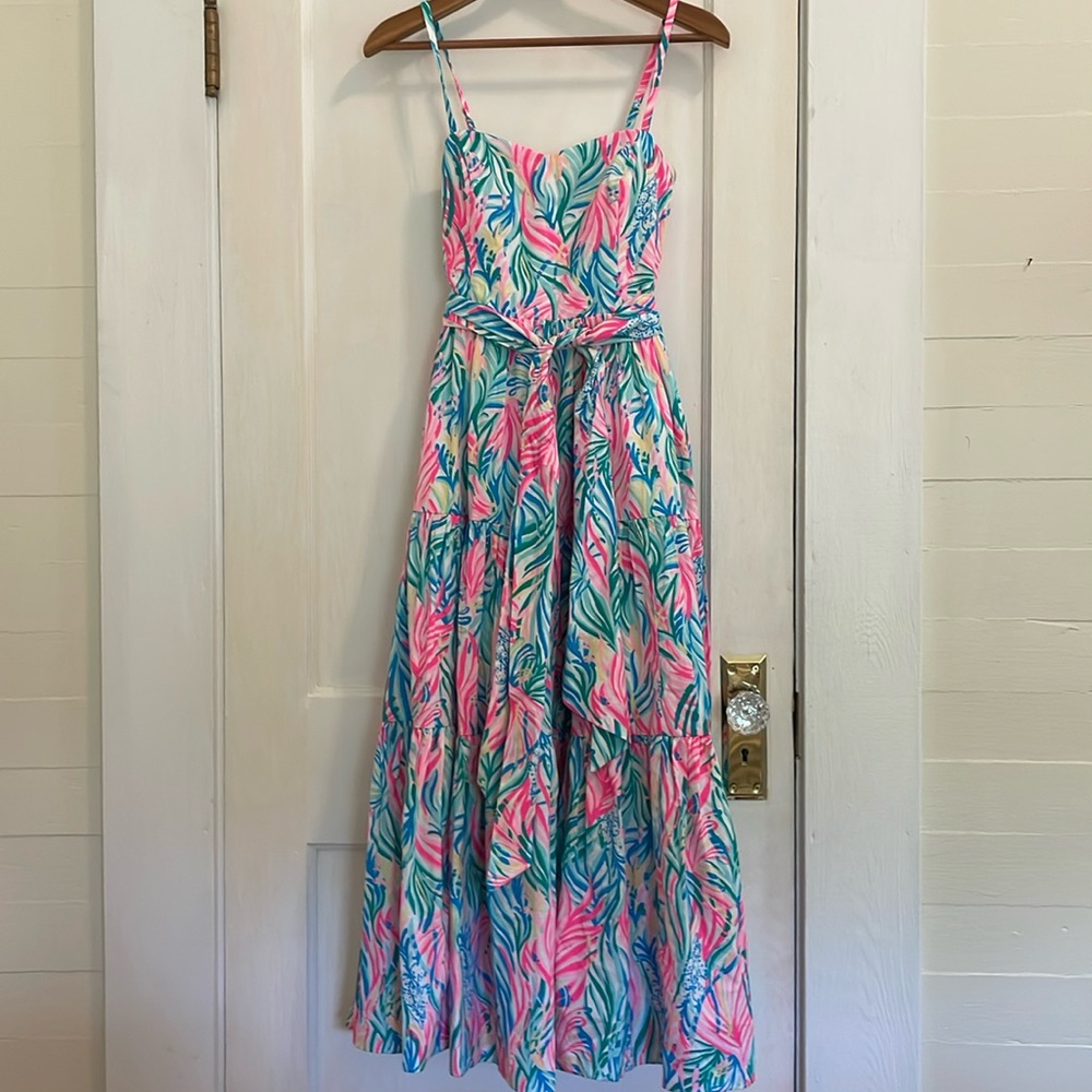 New Lilly Pulitzer Edith Cotton Multi Sea Turtle Soirée Tiered Midi Dress size 2 - Picture 5 of 16